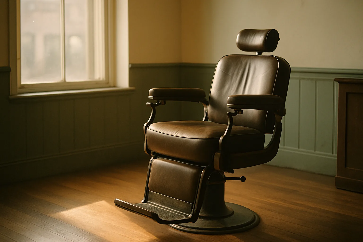 A classic barber chair in warm morning light by a window