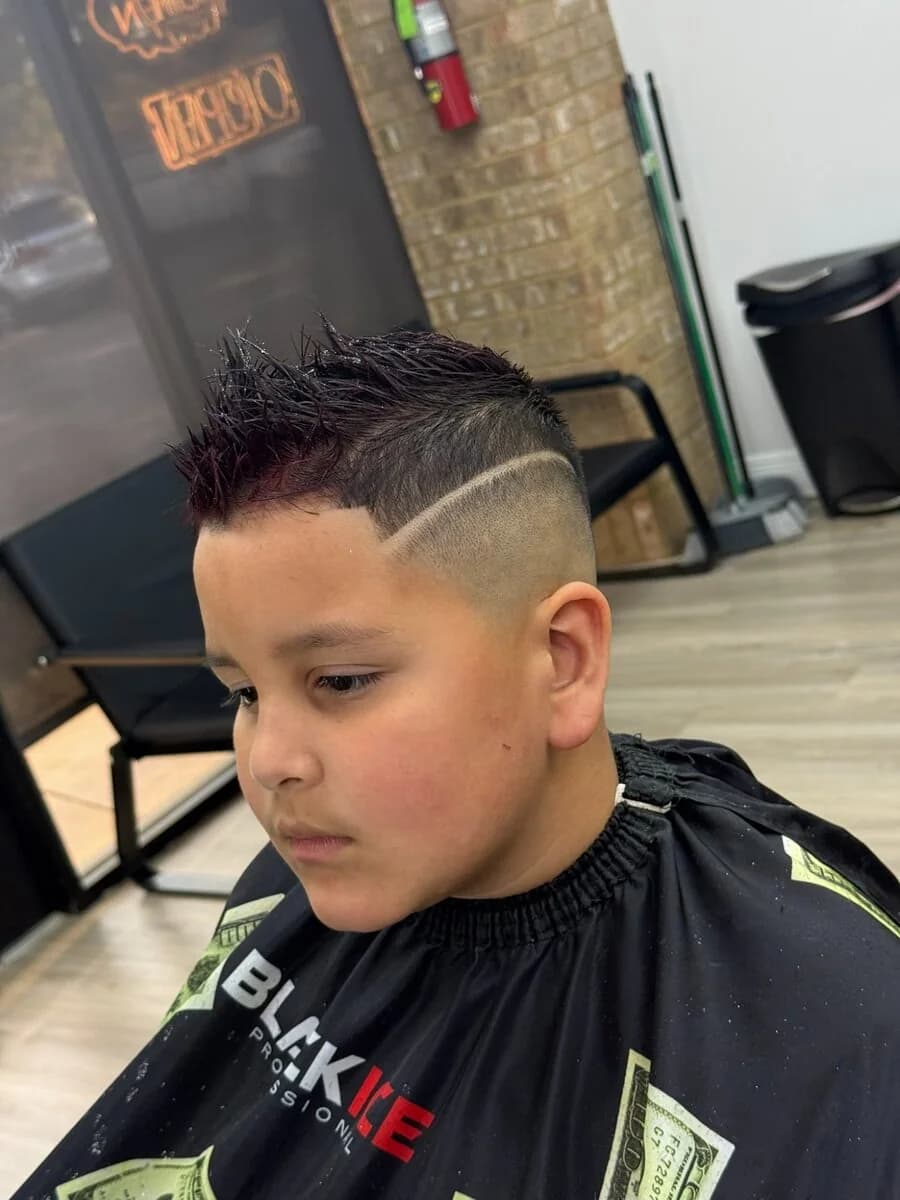 Kids cut at Blessed Barbershop — mohawk fade with hard part, Daphne AL