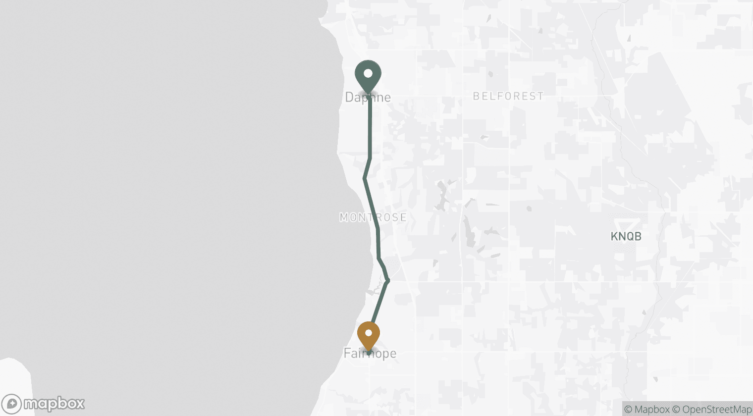 Mapa del trayecto desde Fairhope, AL hasta Blessed Barbershop en Daphne — unos 12 minutos