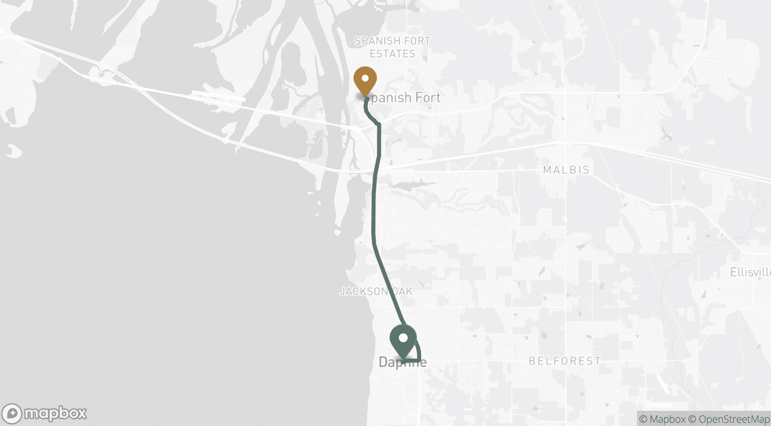 Mapa del trayecto desde Spanish Fort, AL hasta Blessed Barbershop en Daphne — unos 10 minutos